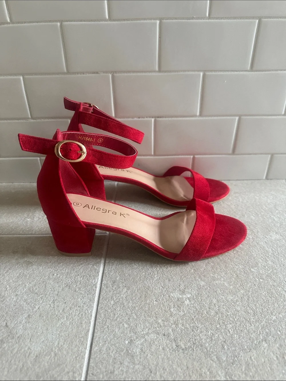 Allegra K Red Faux Suede Ankle-Strap Block Heel Sandals
